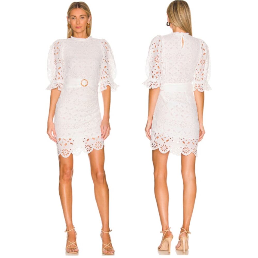 Place Nationale La Feuille Linen Puff Sleeve Belted Minidress White Eyelet 1 NWT